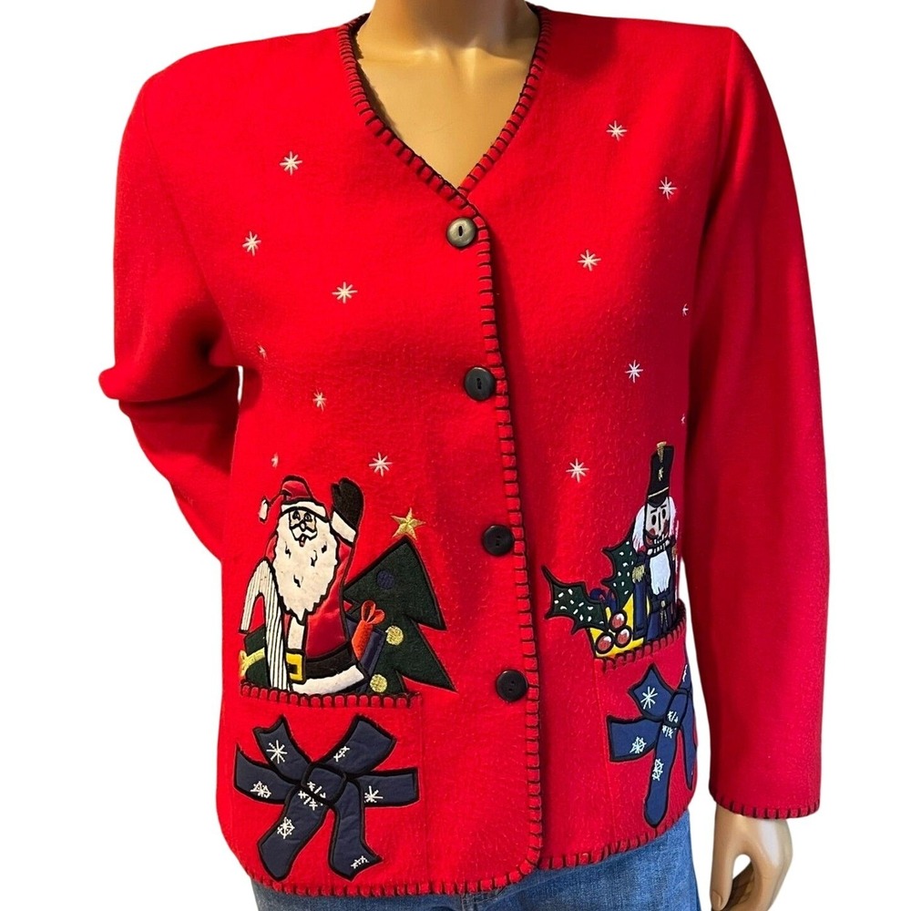 Paul Harris Design Red Christmas Cardigan M 90s Vintage Santa Nutcracker Fleece